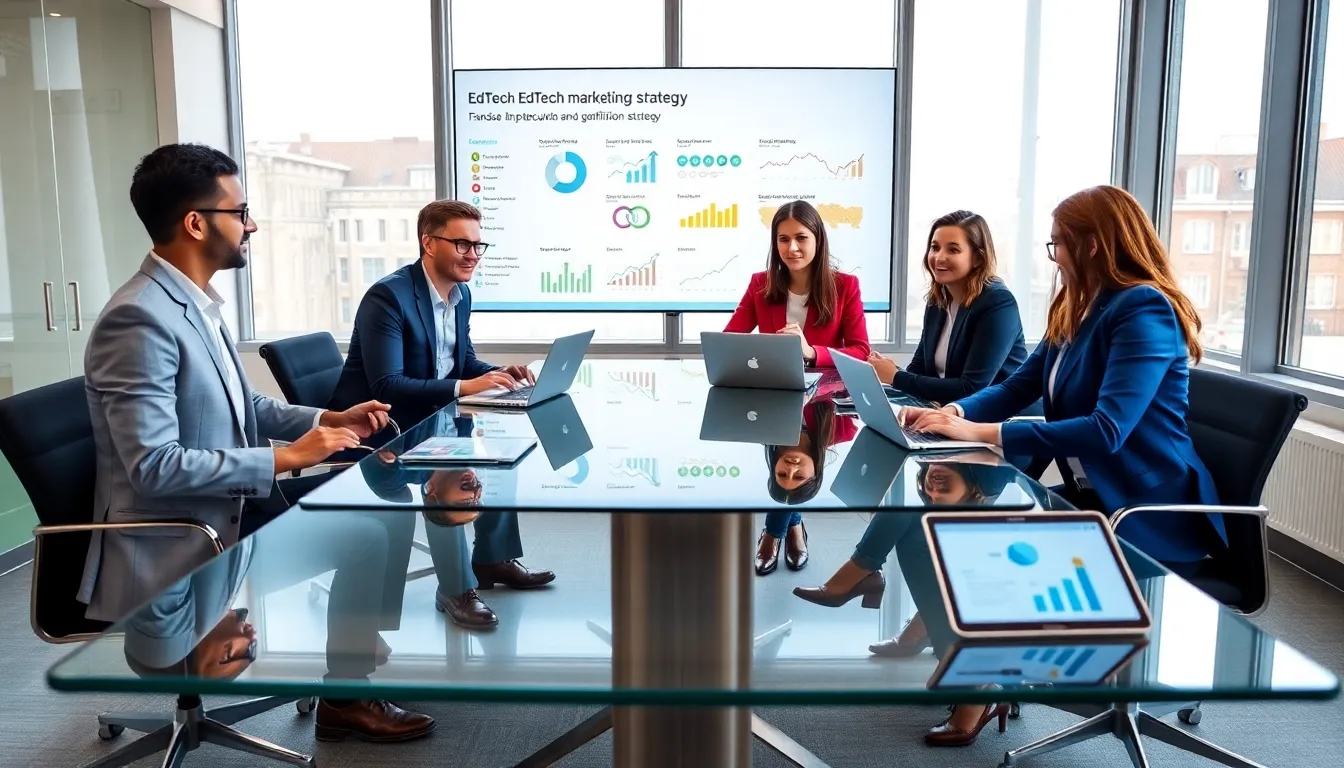 professionals collaborating on an EdTech marketing strategy in a modern office.