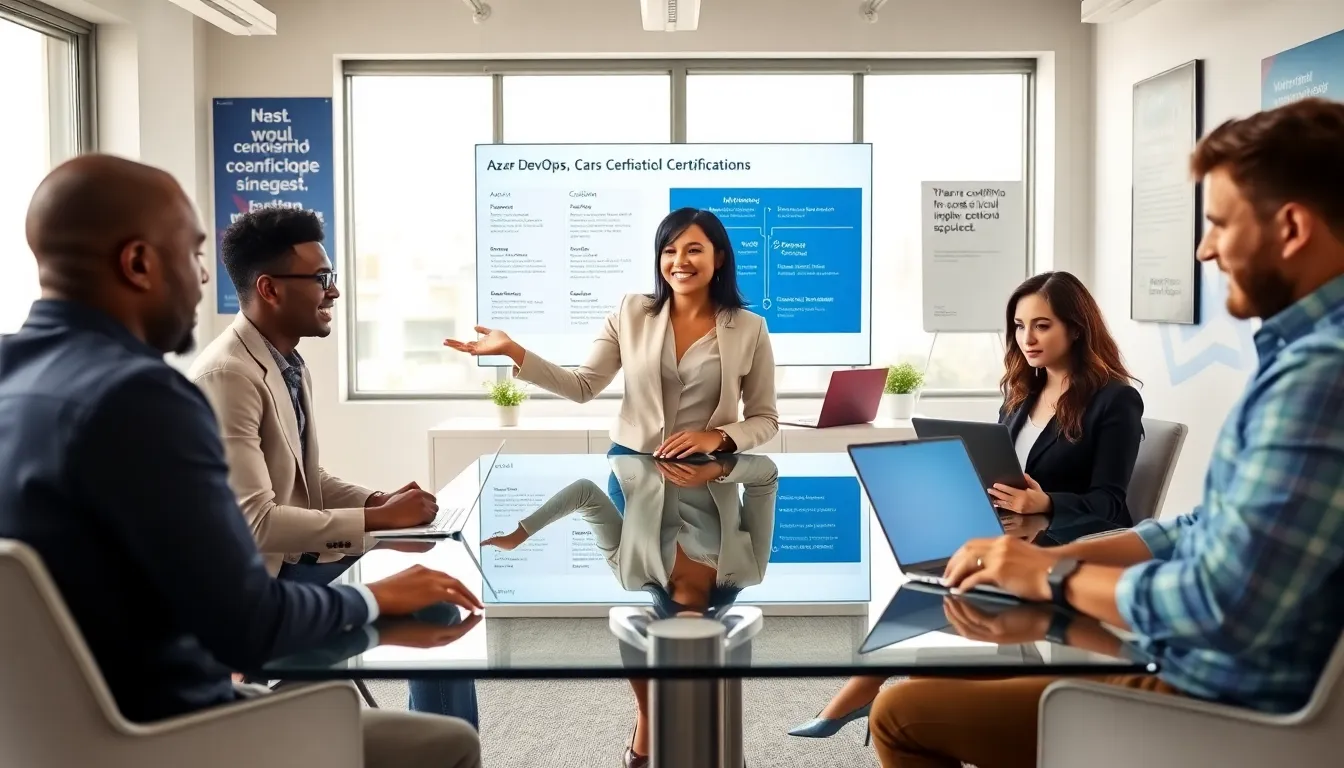 diverse team discussing Azure DevOps certifications in a modern office.