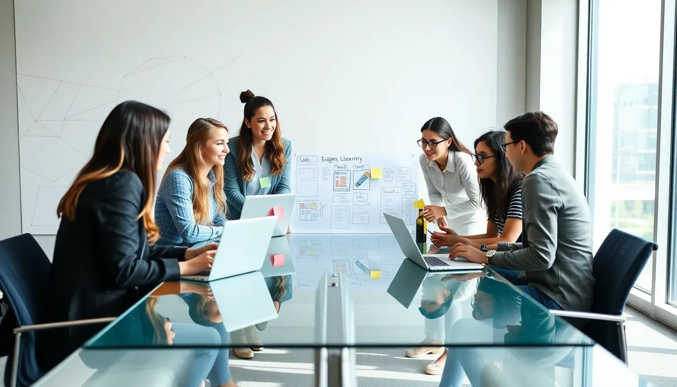 diverse team brainstorming EdTech app ideas in a modern office.