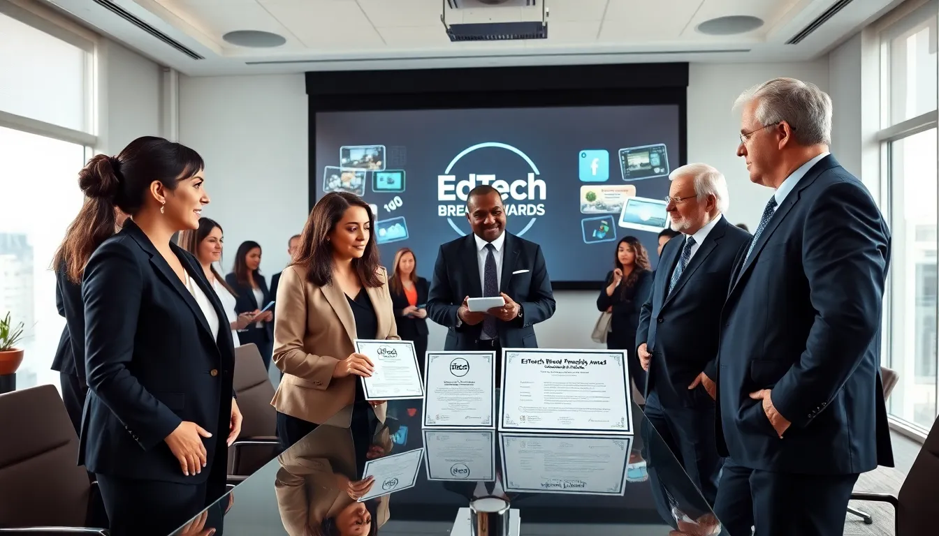 diverse professionals discussing EdTech Breakthrough Awards in a modern conference room.