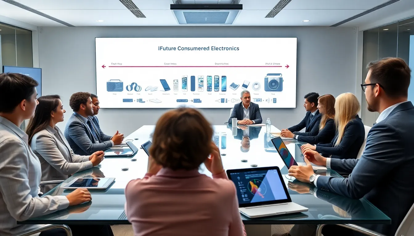 diverse team discussing the evolution of consumer electronics in a modern office.