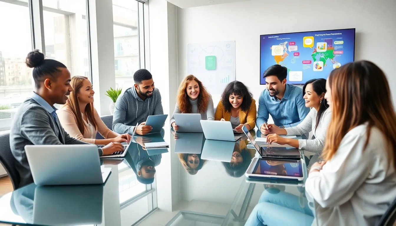 diverse team collaborating in a modern edtech office setting.